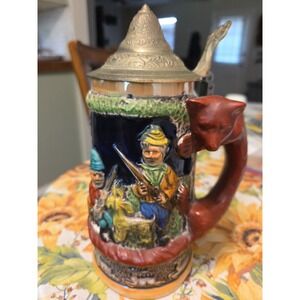 Mid Century Ceramic Beer Stein Hunting Party Made In Japan Vintage 9 In Tall